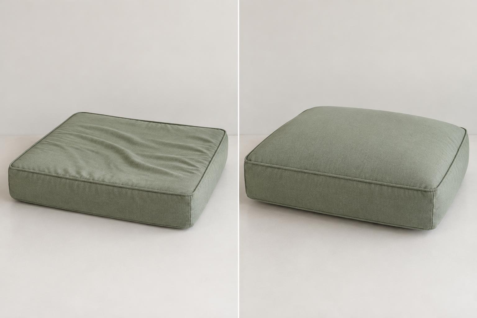 Illustrative comparison of the same sage cushion cover: flat and wrinkled on the left, plump with rounded edges on the right