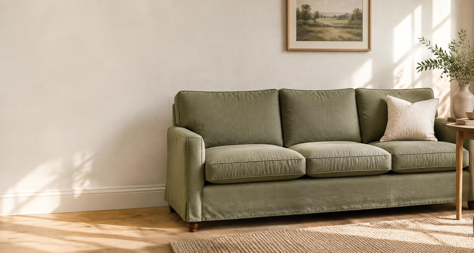 Comfortable sage sofa with plump seat cushions in a welcoming living room