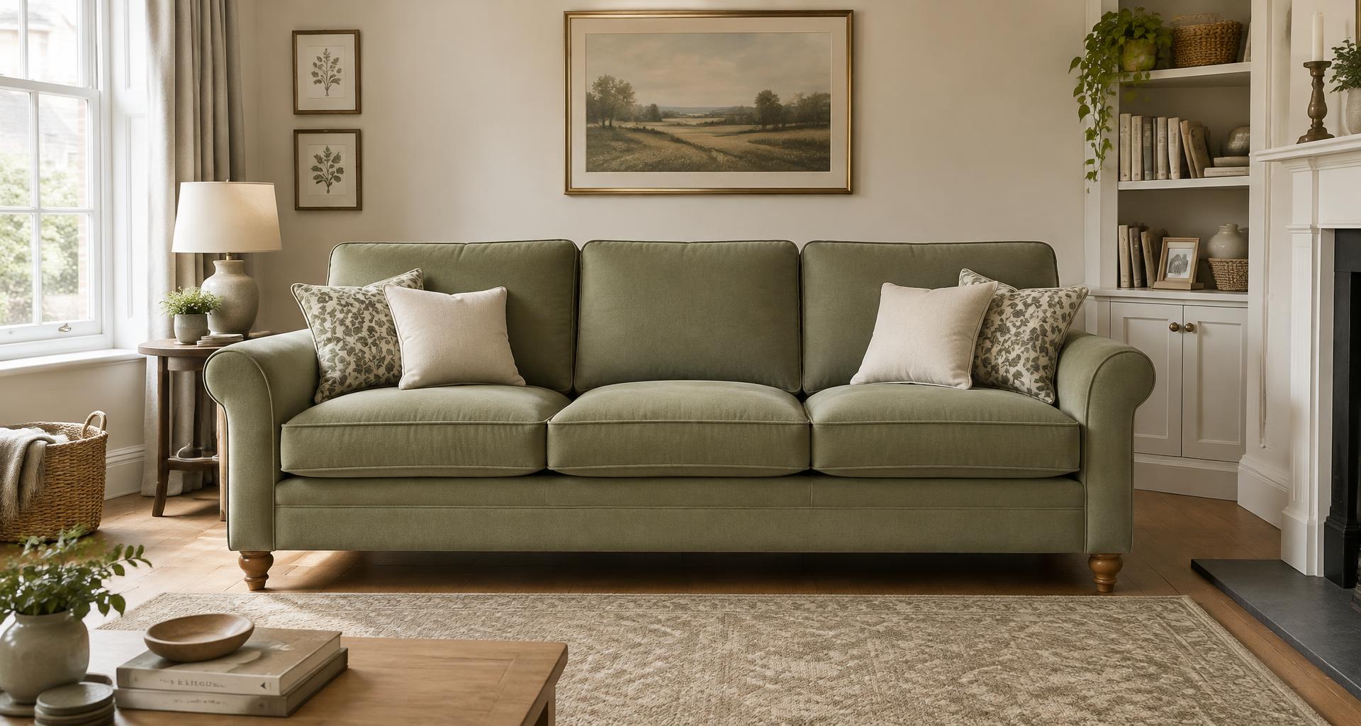 The same sofa with fresh, plump seat cushions after new foam inserts were fitted