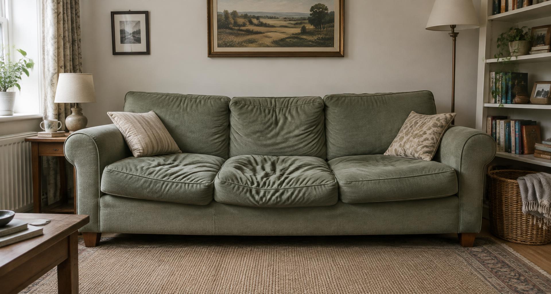 A sofa with sagging, deflated seat cushions before replacement foam