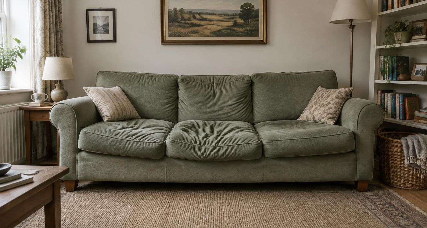 A sofa with sagging, deflated seat cushions before replacement foam